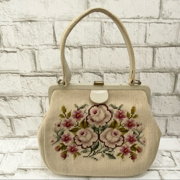 Vintage Beige Floral Needlepoint Clutch Handbag - Picture 2 of 16